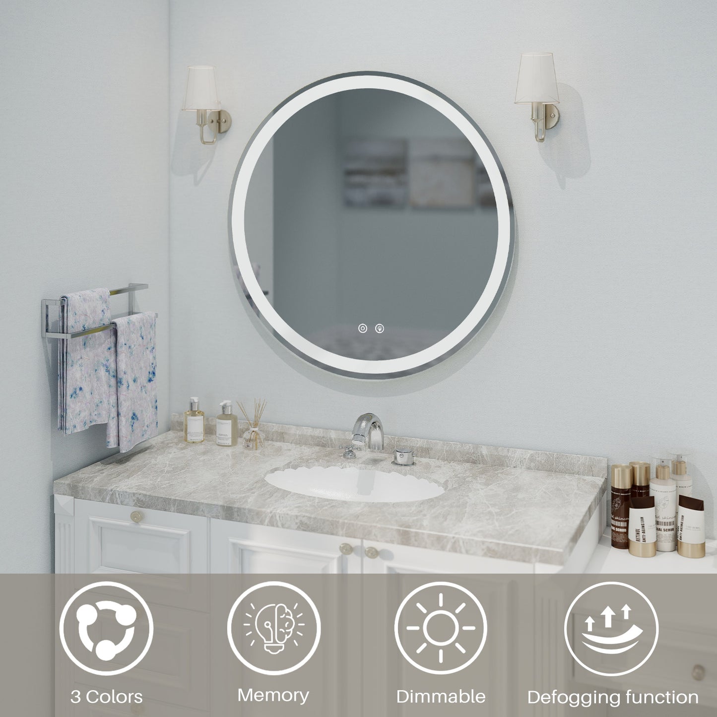 Anti-Fog LED Bathroom Mirror with Circular Dual Lights - 30 inch