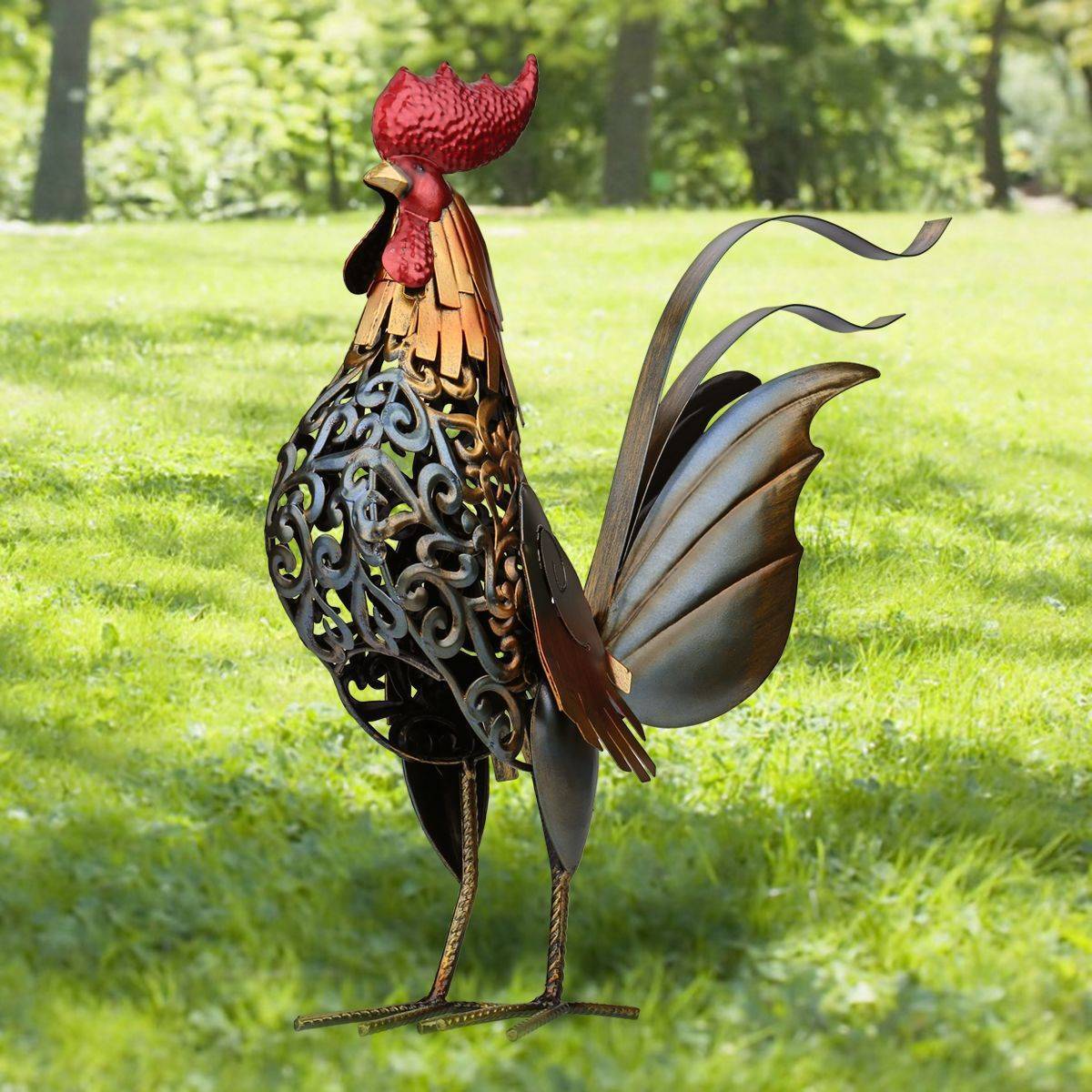 Wrought Iron Rooster Decoration - Animal Hanging Ornament in Gold & Silver