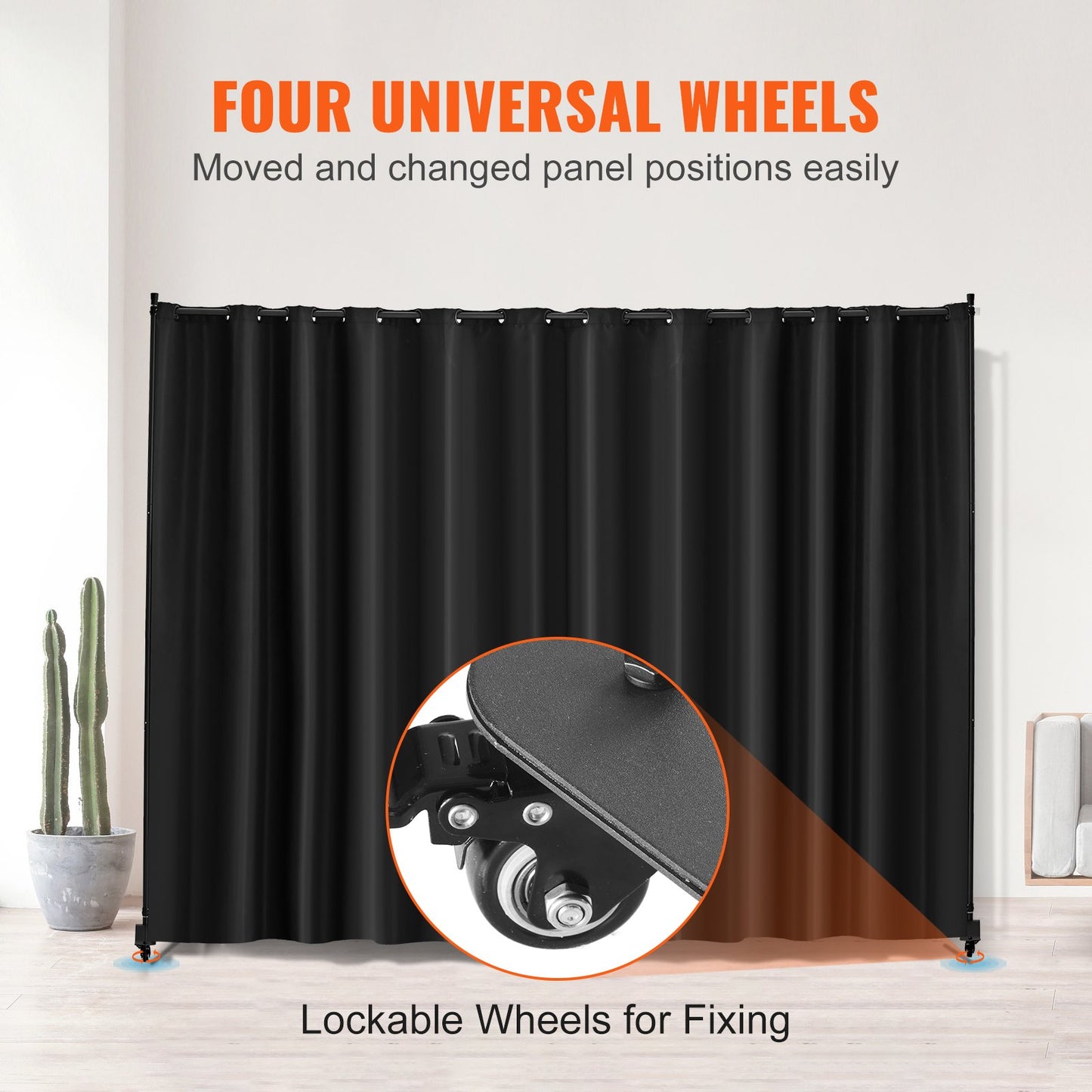 Portable Room Divider with Wheels - 96x120 Inch Privacy Screen - Black