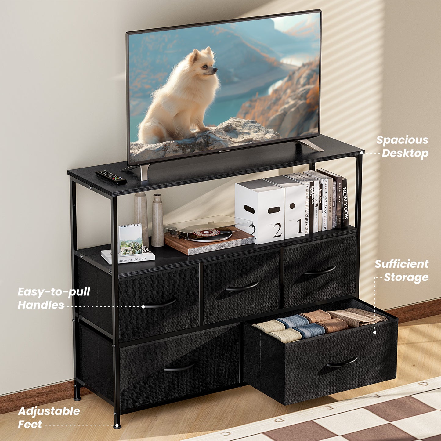 Tall Fabric Storage Tower with Wooden Top for Kids' Rooms