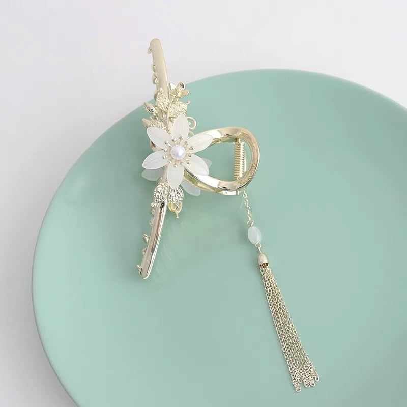 Antique Metal Hair Clip with Tassel & Pearl Detail