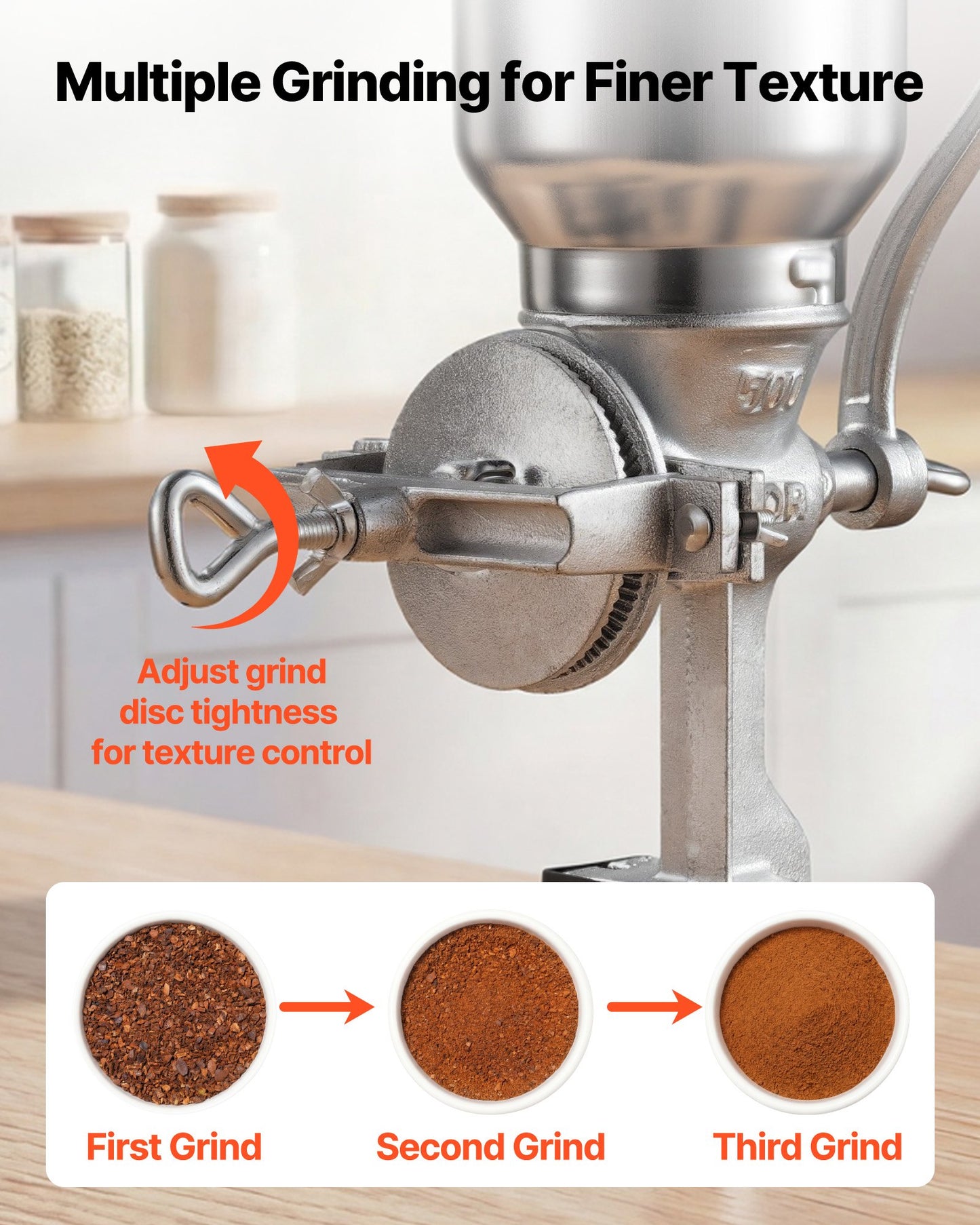 Manual Grain Mill with High Hopper - Hand-Crank Corn & Nut Grinder, Heavy Duty Cast Iron Kitchen Tool
