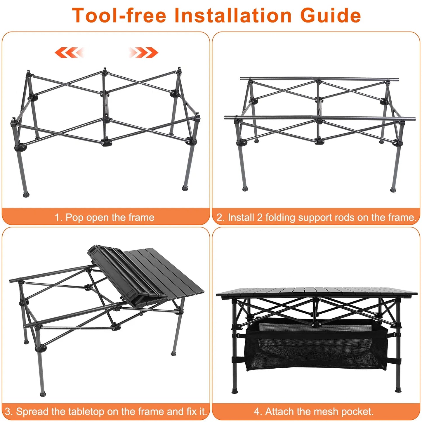 Foldable Camping Table - 220 Lb Capacity with Mesh Basket - Black