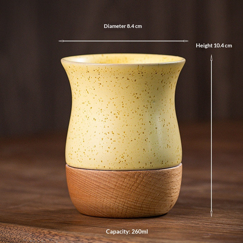 Retro Solid Wood Base Stoneware Coffee Mug 260ml - Multiple Colors