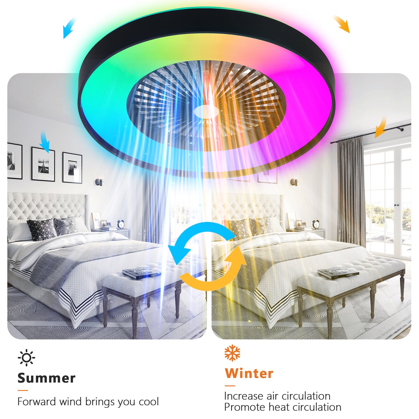 23-Inch Black Ceiling Fan Light with RGB LED & Remote Control