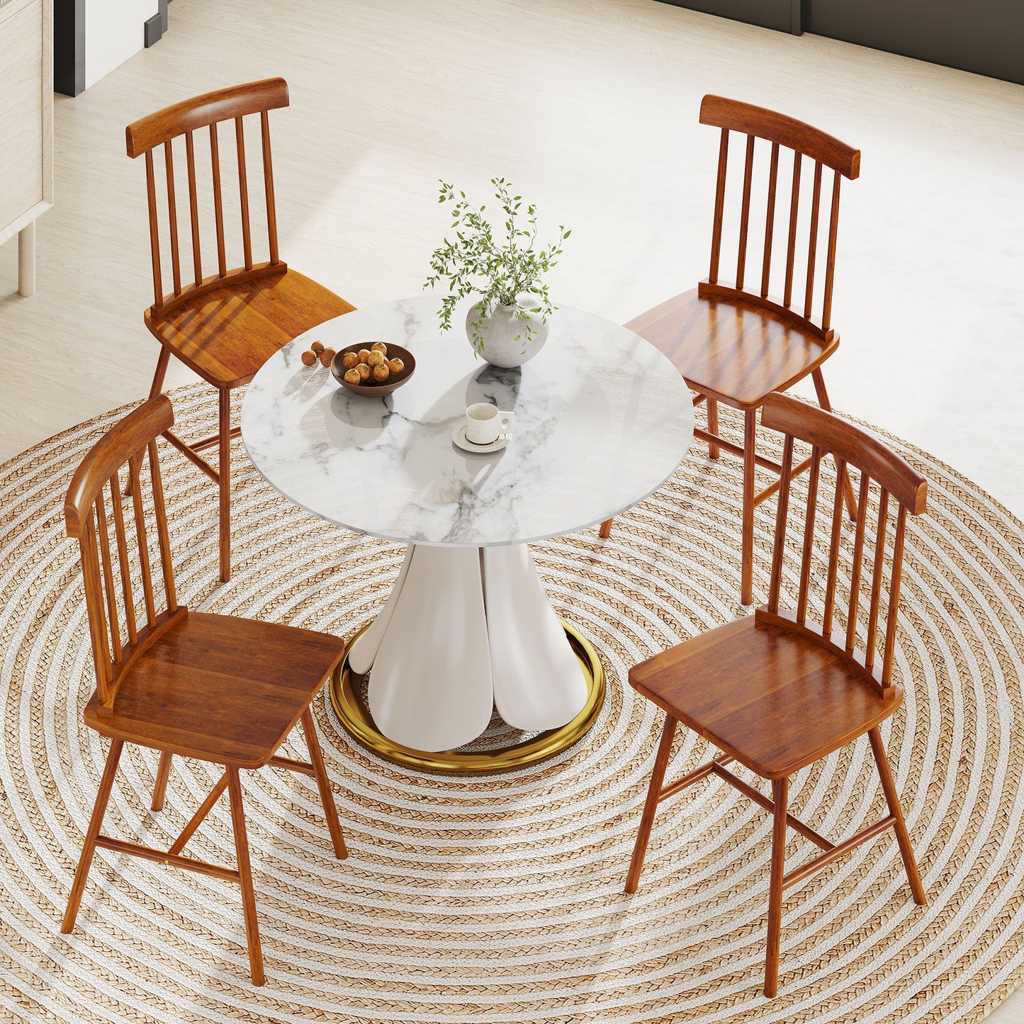 Light Brown Wooden Dining Chairs Set of 4 with Spindle Back