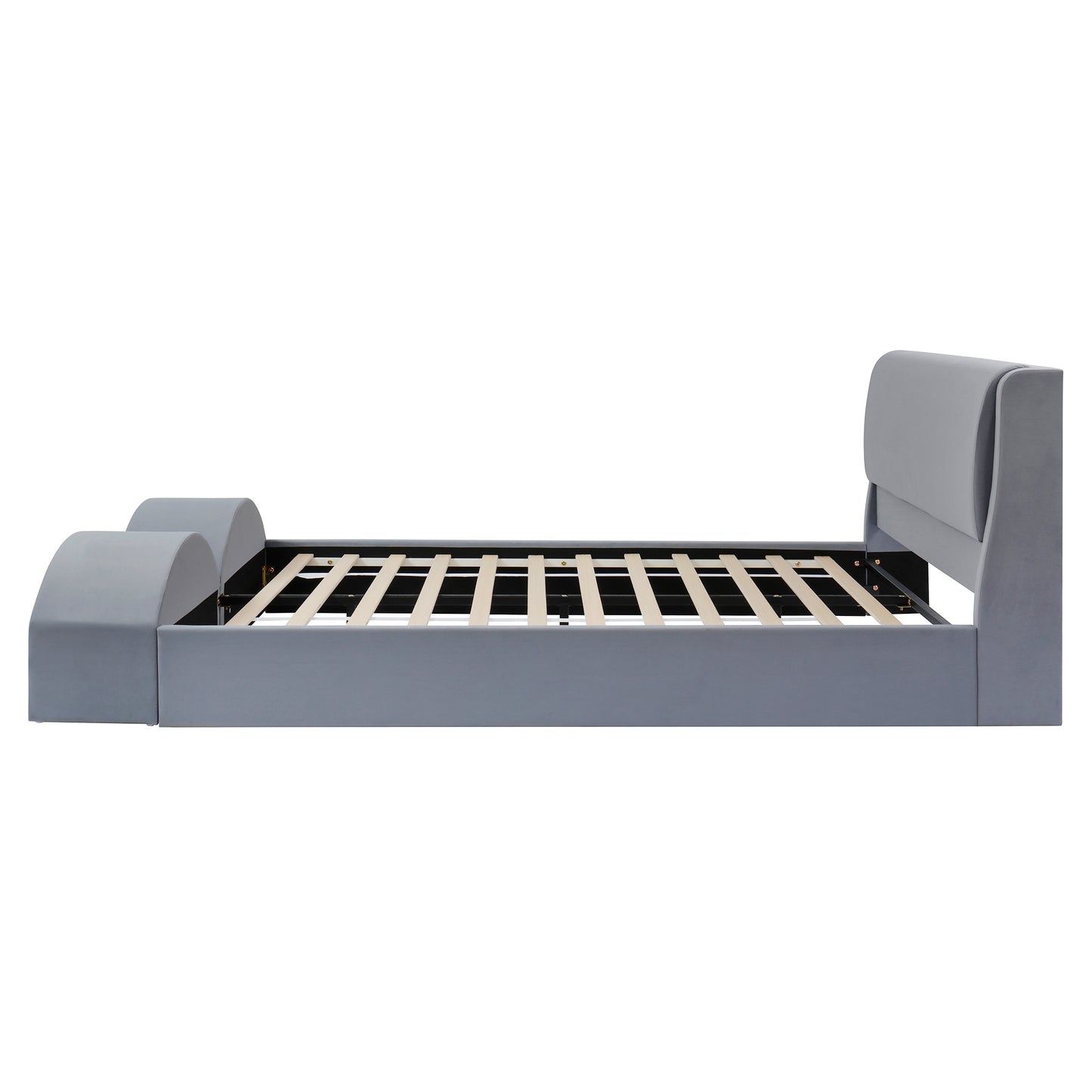Queen Size Upholstered Platform Bed Frame with Dual Cat Caves & LED Pet Nests - Gray