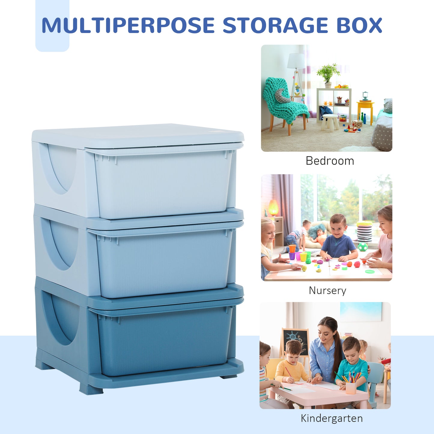 3 Tier Kids Toy Storage Organizer With Drawers, Blue, Chest For