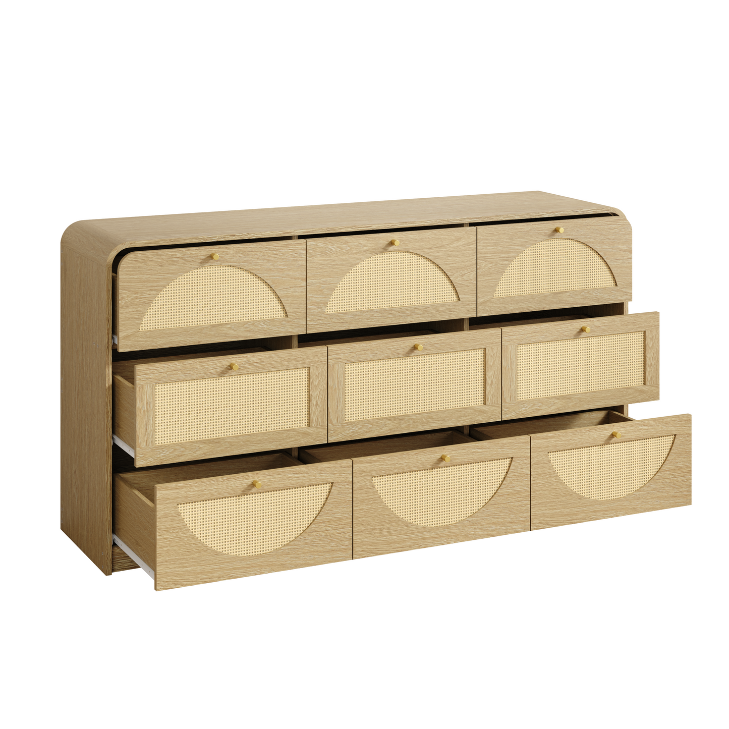 9-Drawer Rattan Dresser - Modern Walnut Storage Cabinet