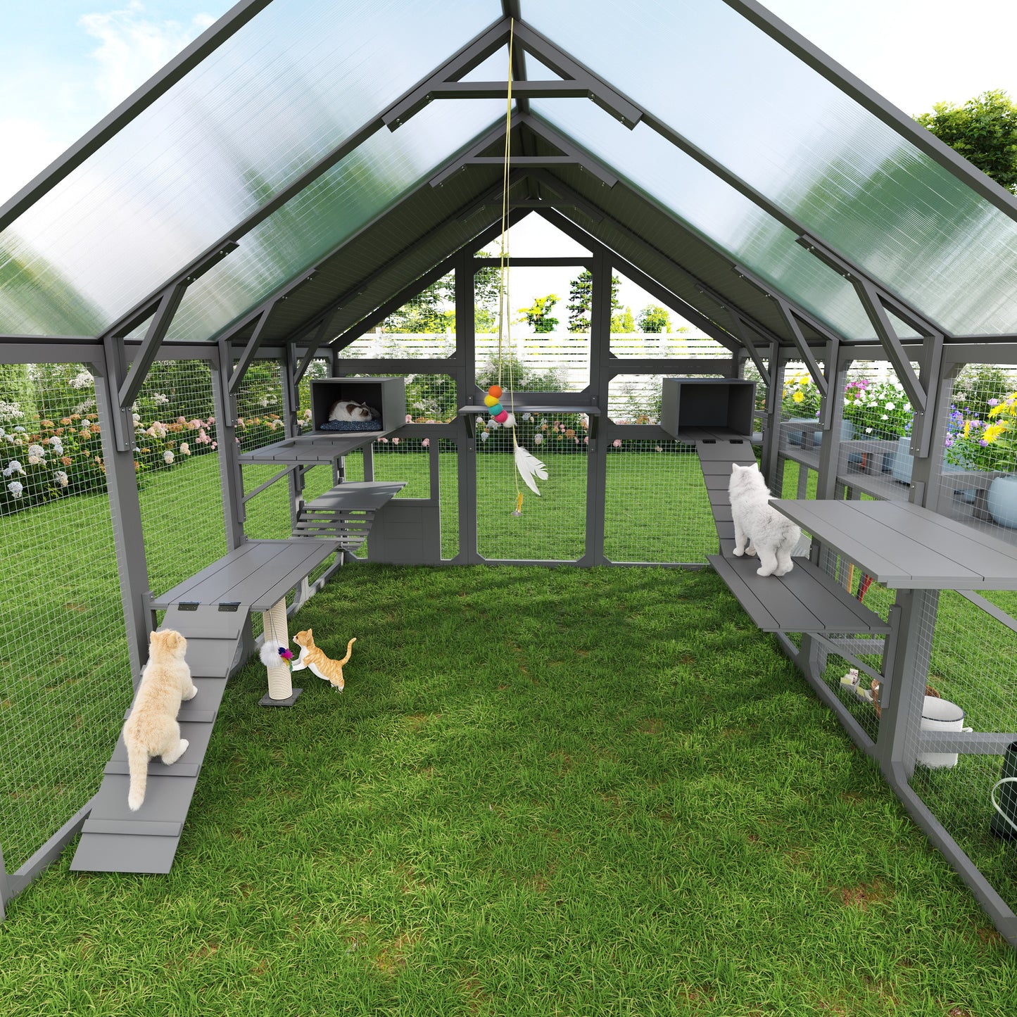 Large Outdoor Cat House With Planter Stand, Wooden Enclosure Resting
