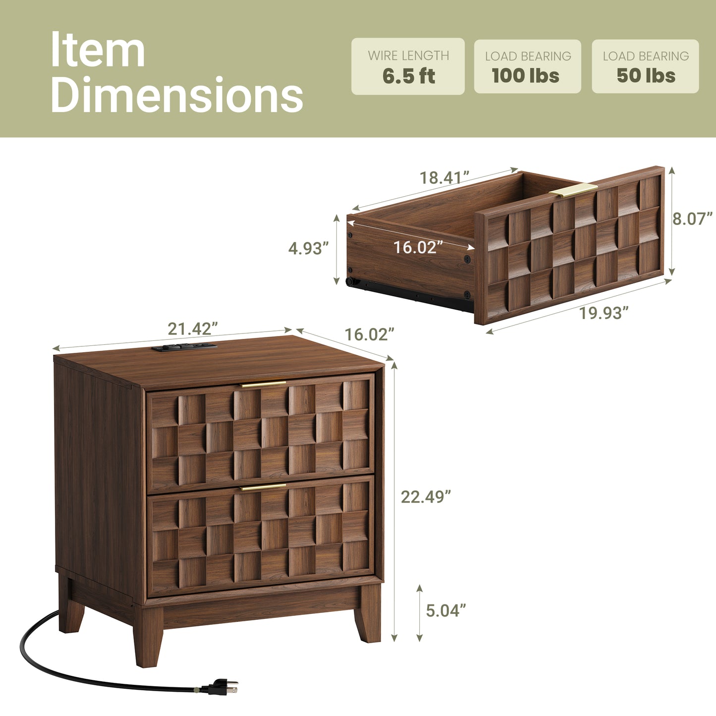 Wooden Night Stand with Charging Station & 2 Drawers