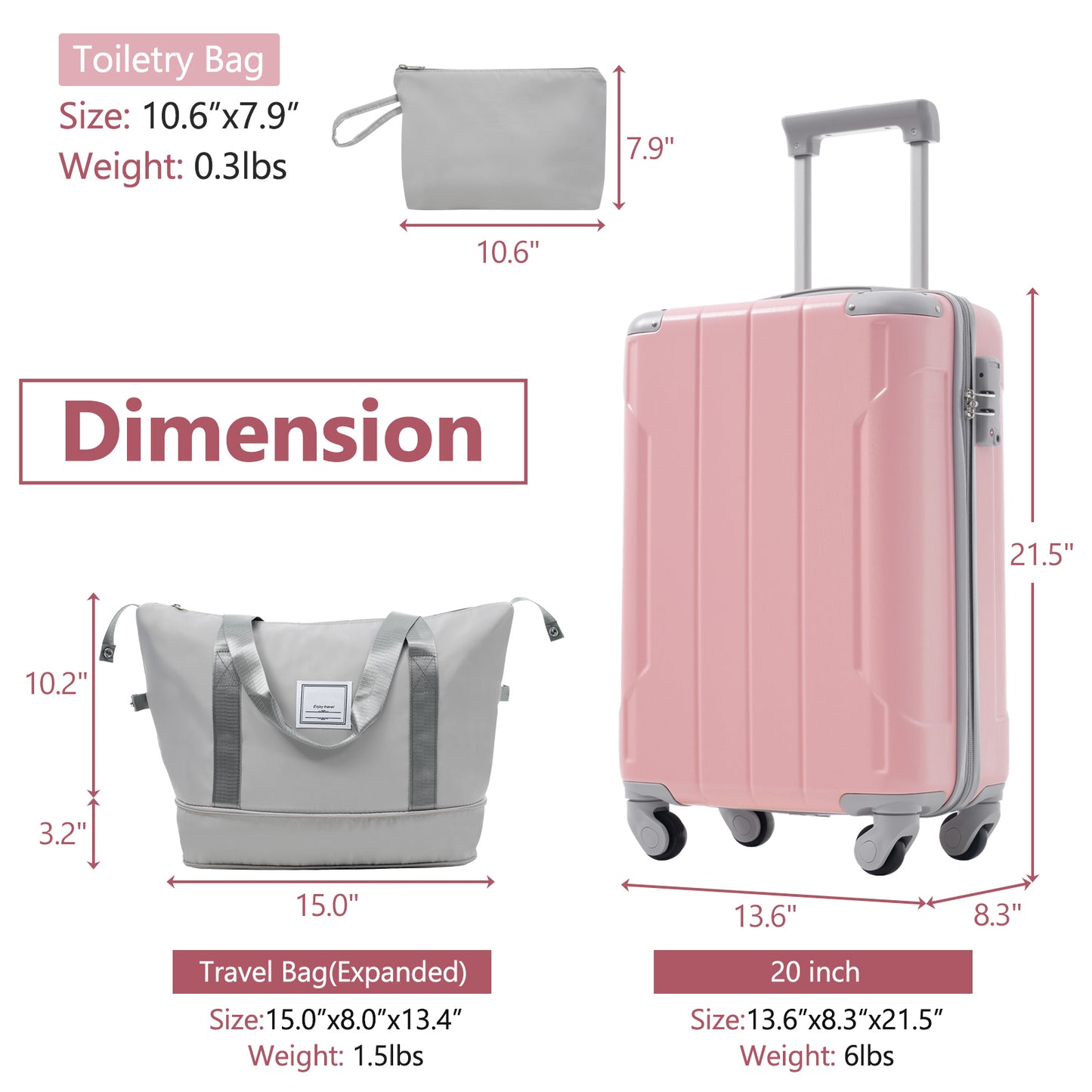 20-Inch Carry-On Luggage Set - 3-Piece Lightweight Hardshell Suitcase with Spinner Wheels - Pink Lady