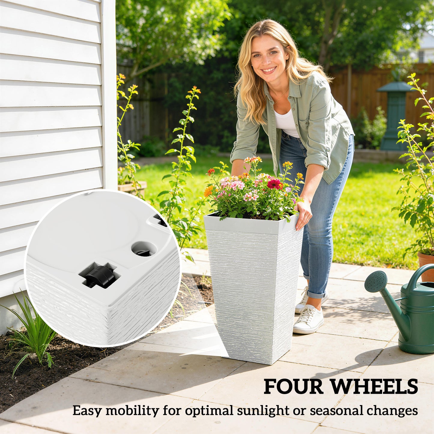 Set of 3 Outdoor Planting Pots with Wheels and Stone Finish - White, 22.8 Inch Tall