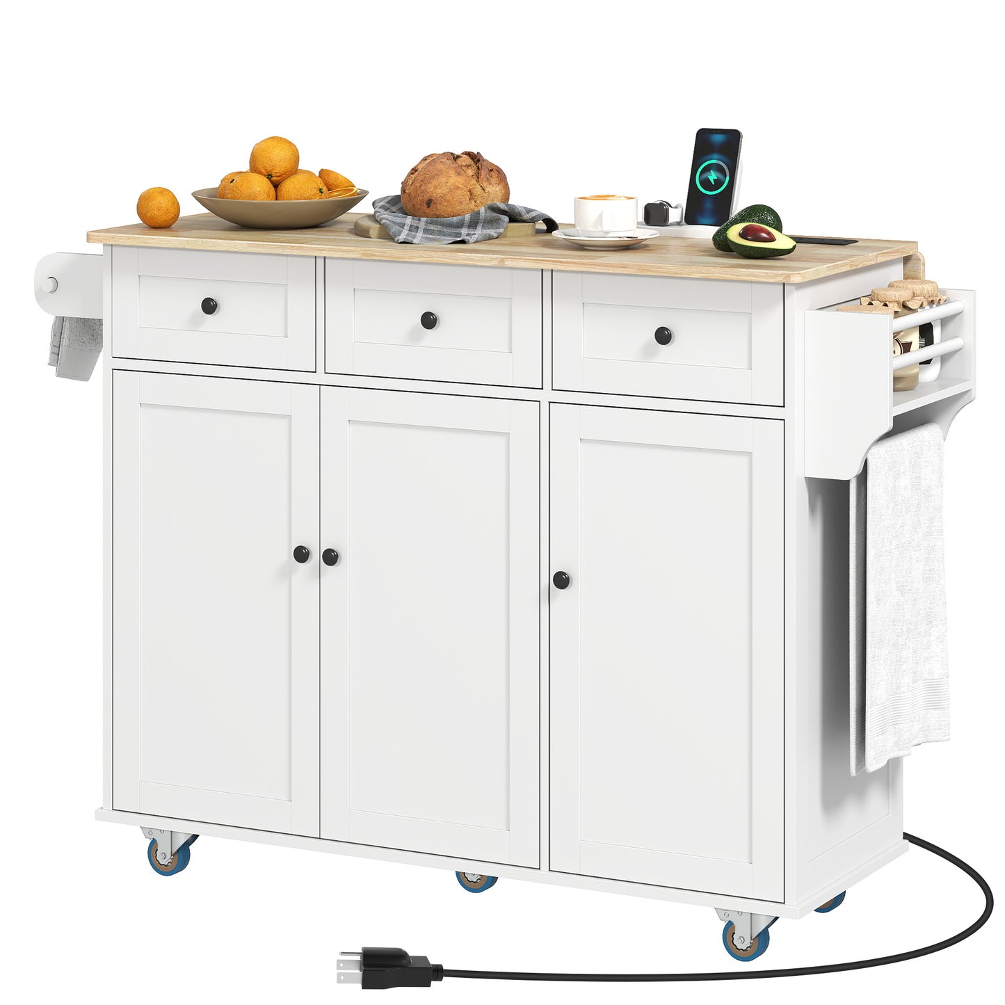 Rolling Kitchen Island with Drop Leaf & Charging Station - White