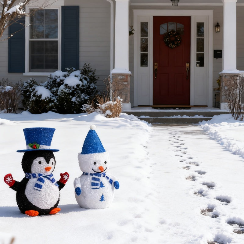 Set of 2 Lighted Plush Penguin and Snowman Christmas Decorations