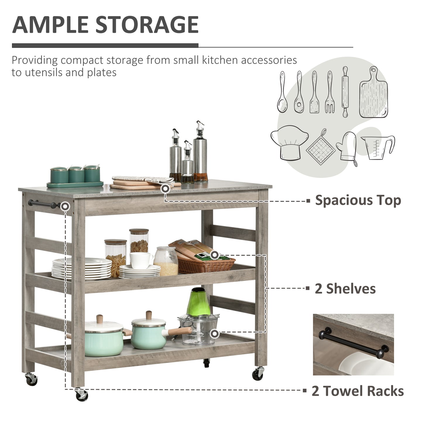 Kitchen Cart, Rolling Island Utility Trolley with Stainless Steel Top
