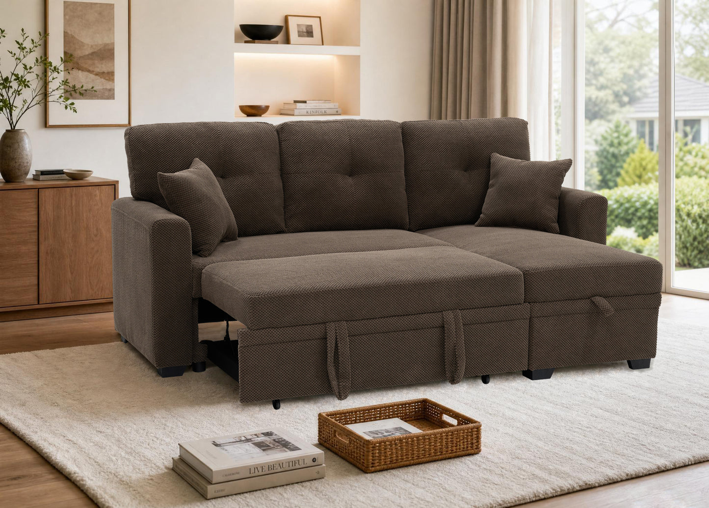 Reversible Chaise Sleeper Sofa Bed with Storage - Coffee