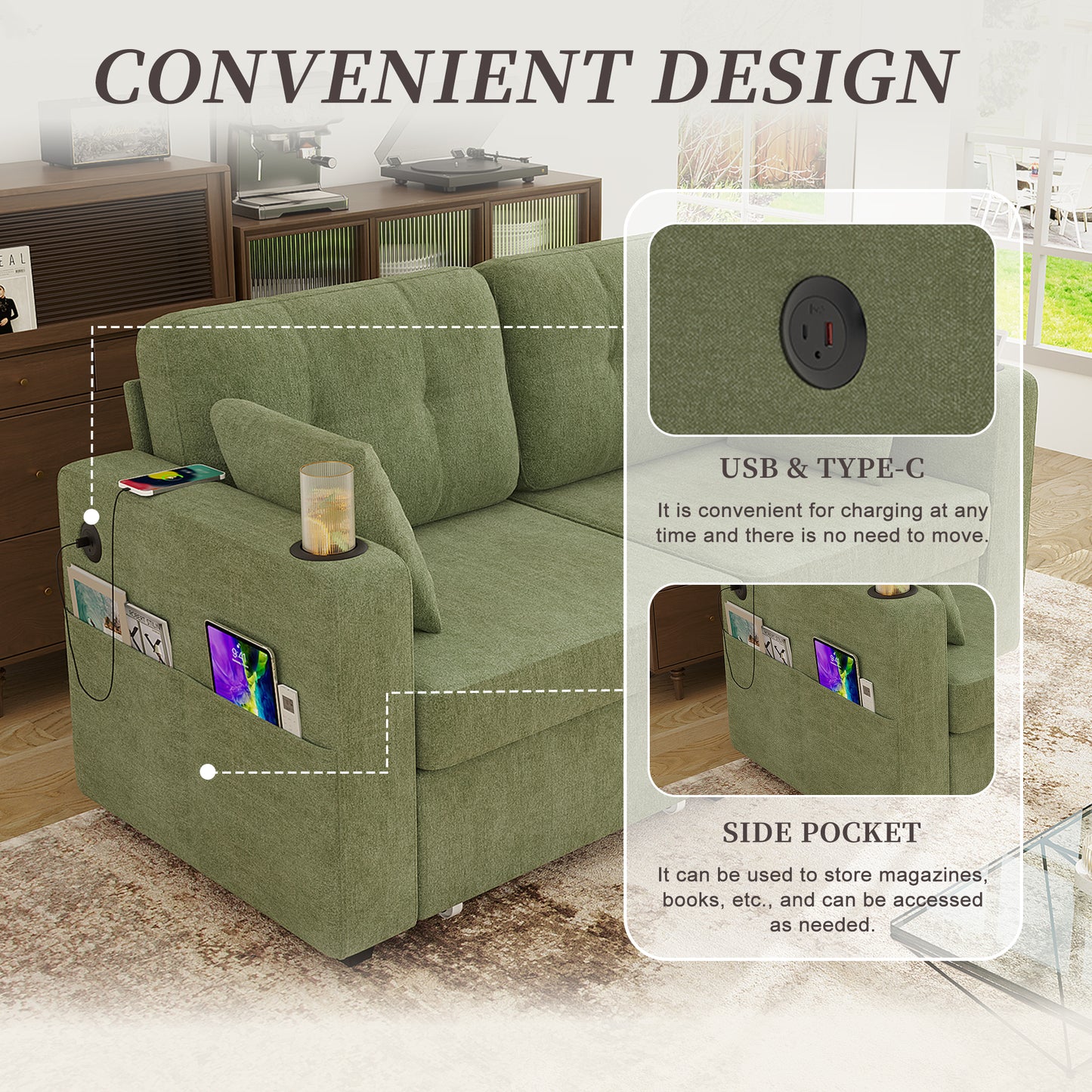 Modern 3-Seater Sofa with USB Charging & Storage - Olive