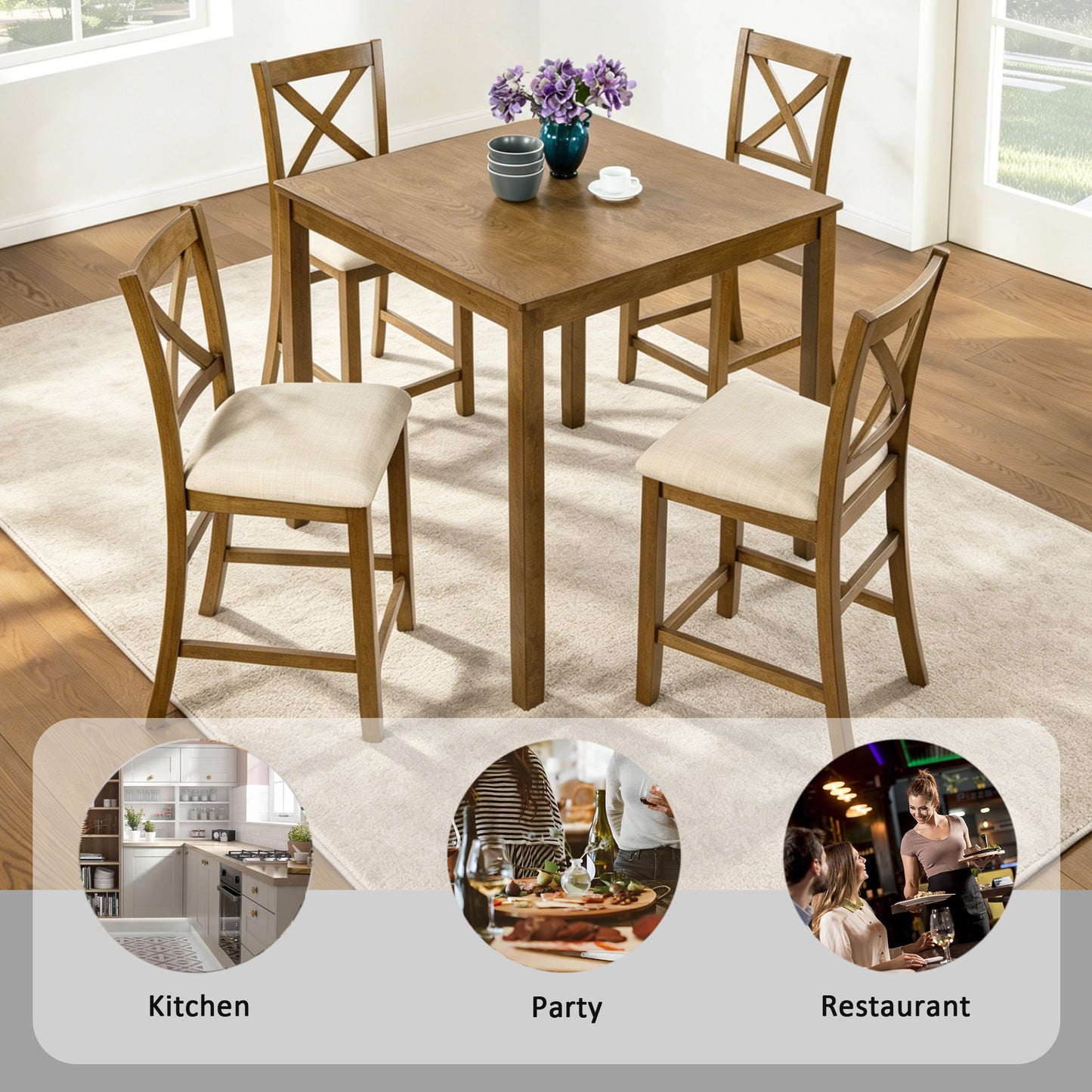 Oak Finish 5-Piece Counter Height Dining Set - Square Table & 4 Chairs