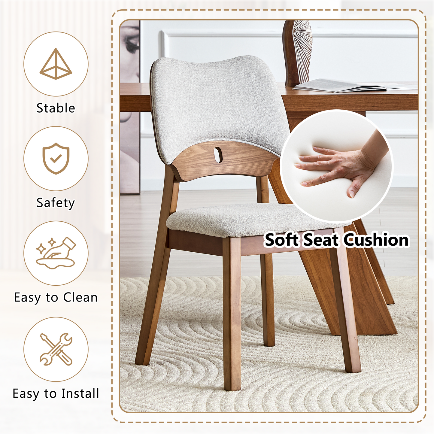 2 Walnut Colored Solid Wood Dining Chairs, With Gray Soft Fabric
