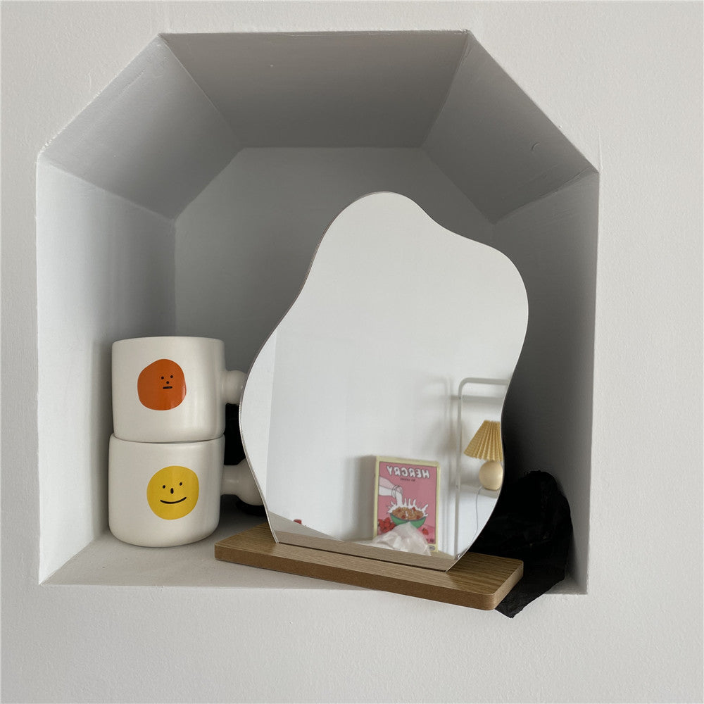 Irregular Acrylic Makeup Mirror with Wooden Base - Decorative Beauty Accessory