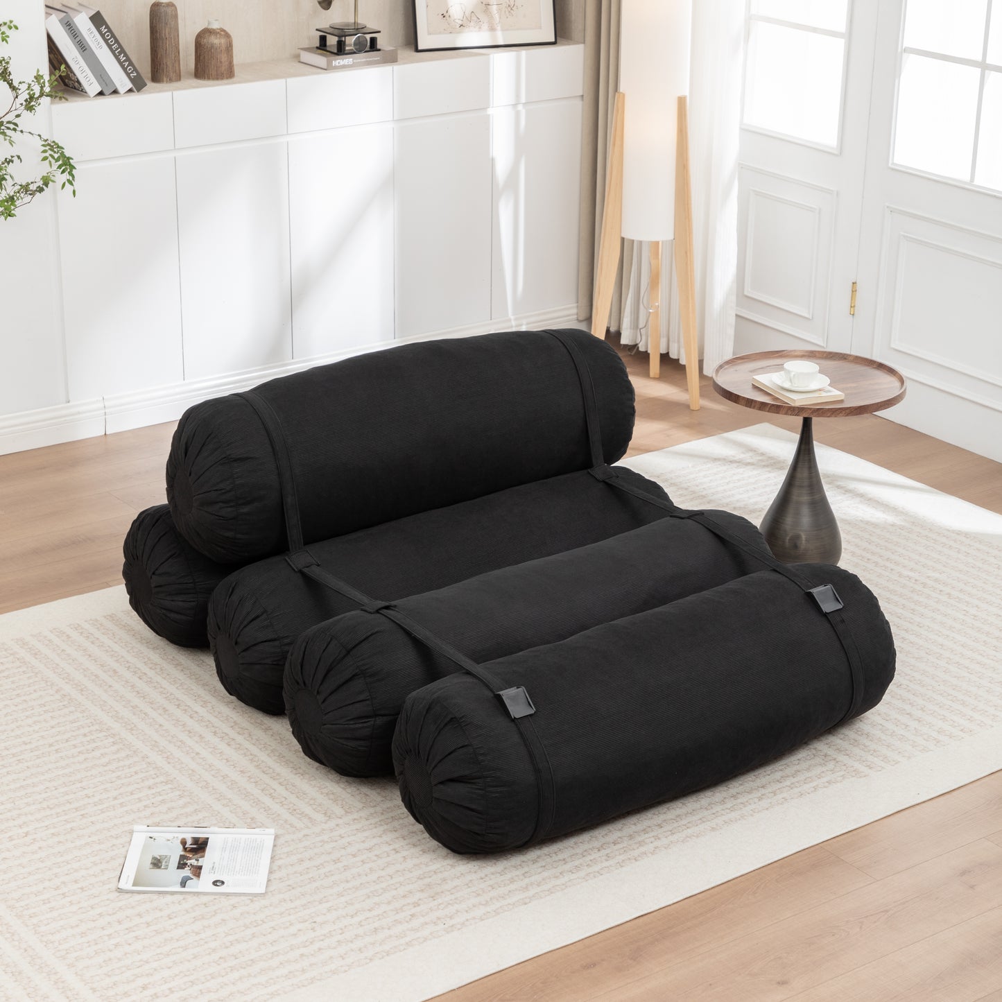 Adjustable Corduroy Floor Sofa - Black Multi-Person Leisure Chair