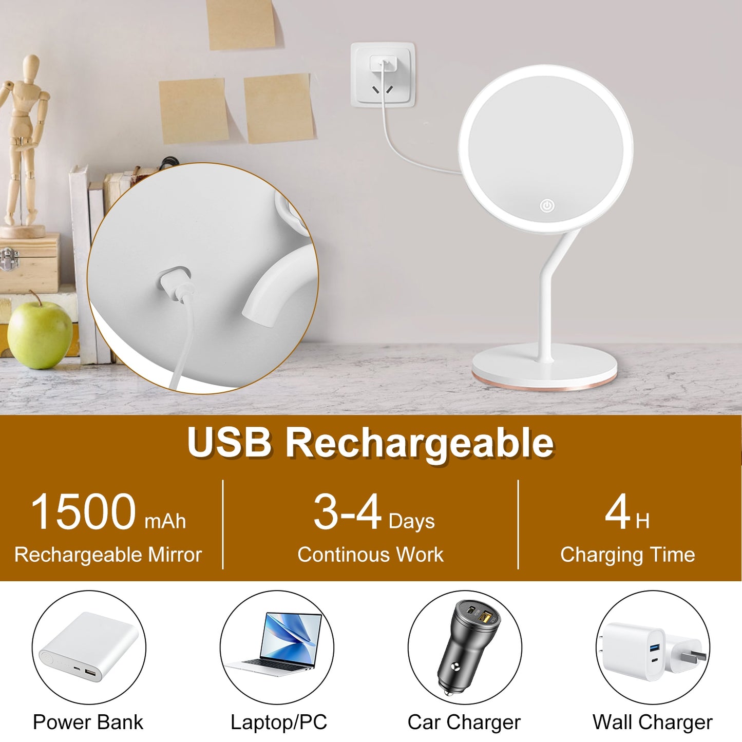 5X Magnifying LED Makeup Mirror, Rechargeable Vanity Mirror with 3 Light Colors