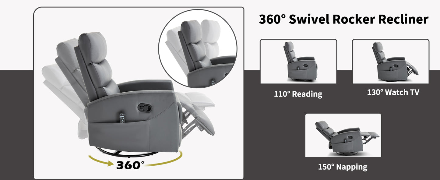 Heat Massage Recliner Chair with Rocker & Swivel - Grey
