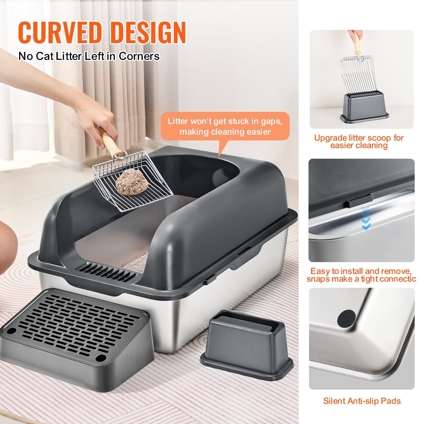 Deep Cat Litter Box with Odor-Free Filter and Foot Board - Grey
