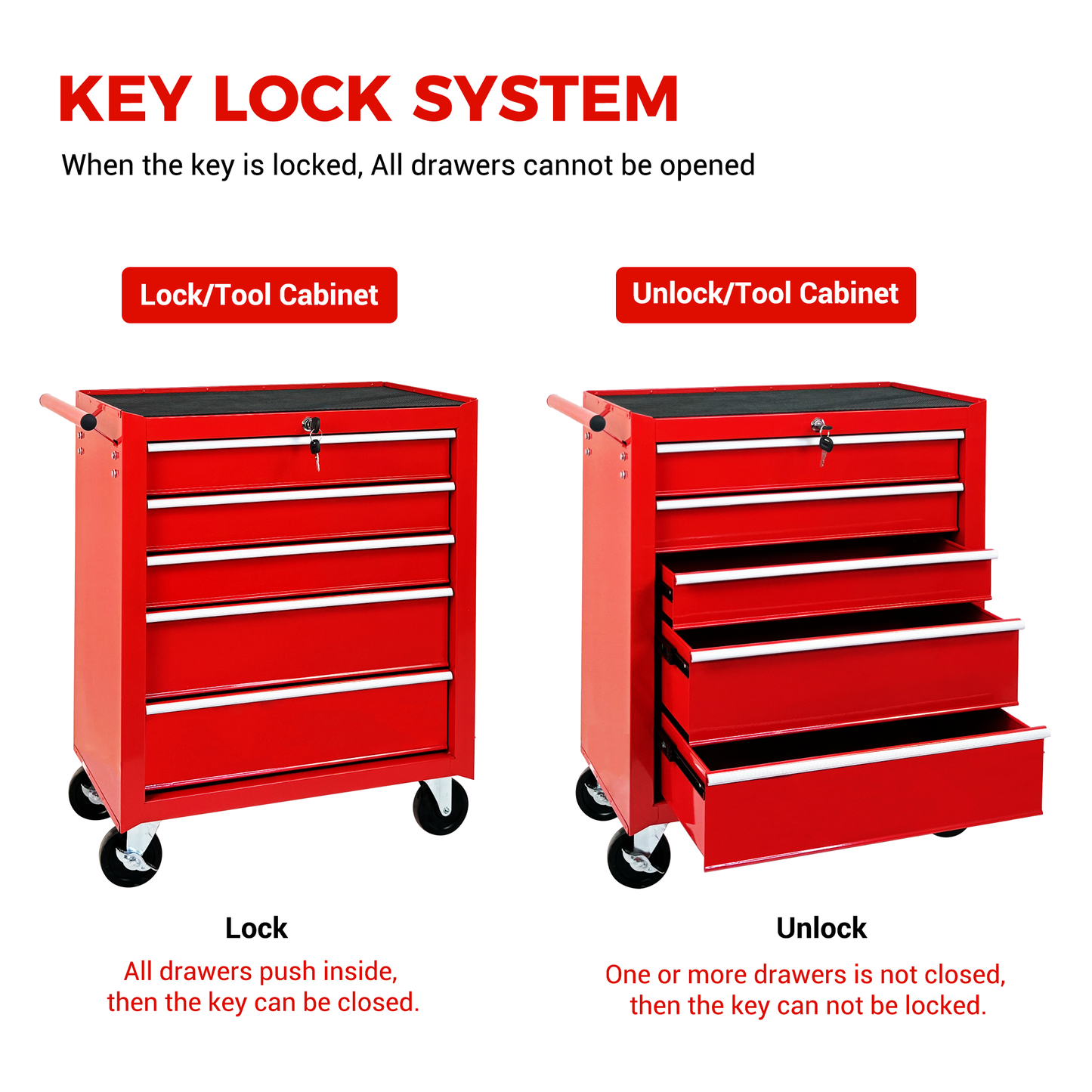 5-Drawer Rolling Tool Chest with Lock & Key - Red