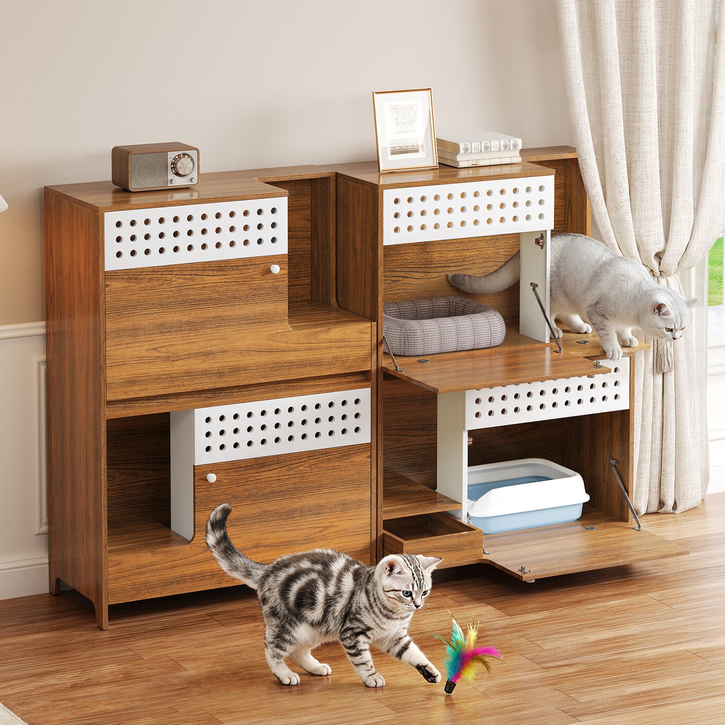 2-Piece Of Modern 2 IN 1 Cat Furniture Set, Litter Box Enclosure Side