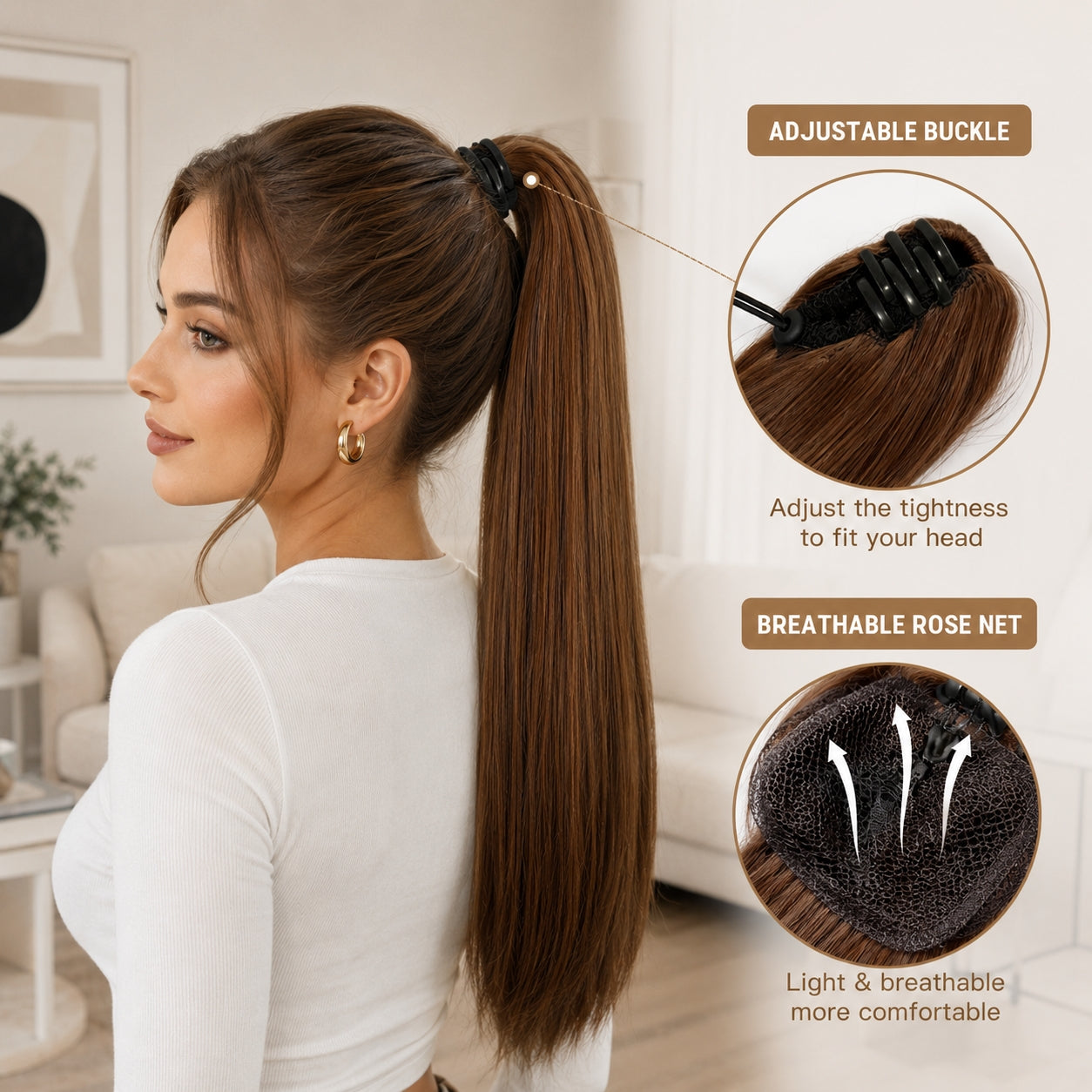 Long Straight Ponytail Extension - Drawstring Ombre Brown Hairpiece