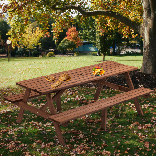 8-Person Brown Wooden Picnic Table with Benches - 2220lb Capacity