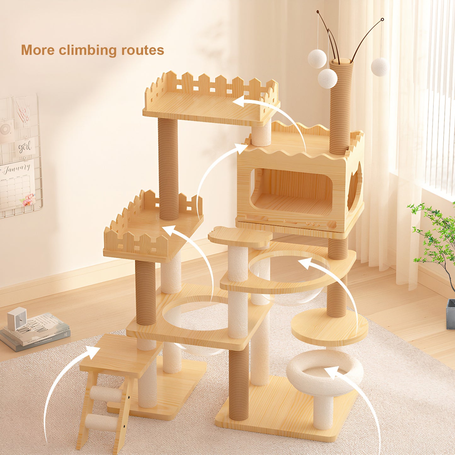 66.9-Inch Modern Wooden Cat Tree Tower with Sisal Posts & Acrylic Hammock