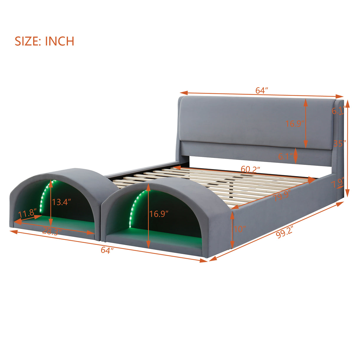 Queen Size Upholstered Platform Bed Frame with Dual Cat Caves & LED Pet Nests - Gray