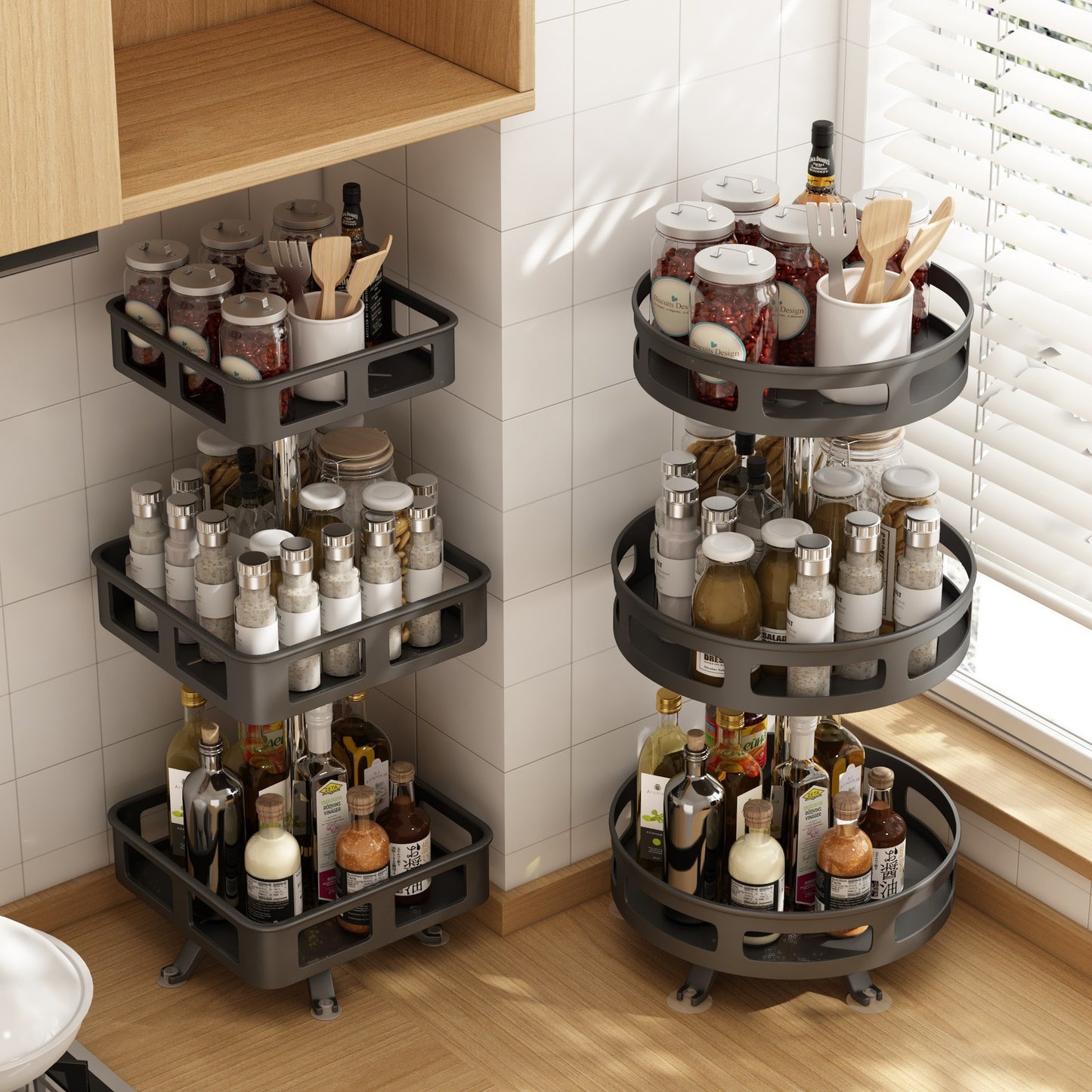 Rotatable Black Kitchen Spice Rack Shelf - Multi-Layer Modern Organizer