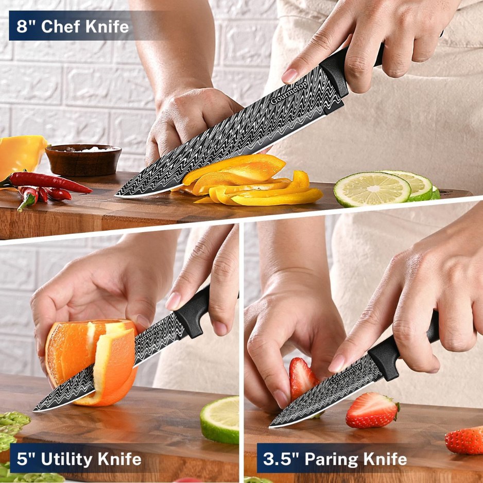 3-Piece Kitchen Knife Set with Blade Covers - Black Damascus Pattern