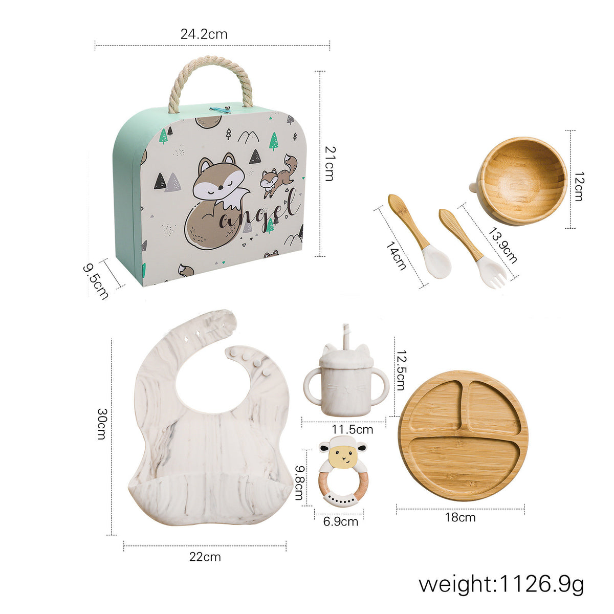 Baby Food Tableware Set Silicone Bib Plate Straw Cup Fork Spoon Kids Dining Kit