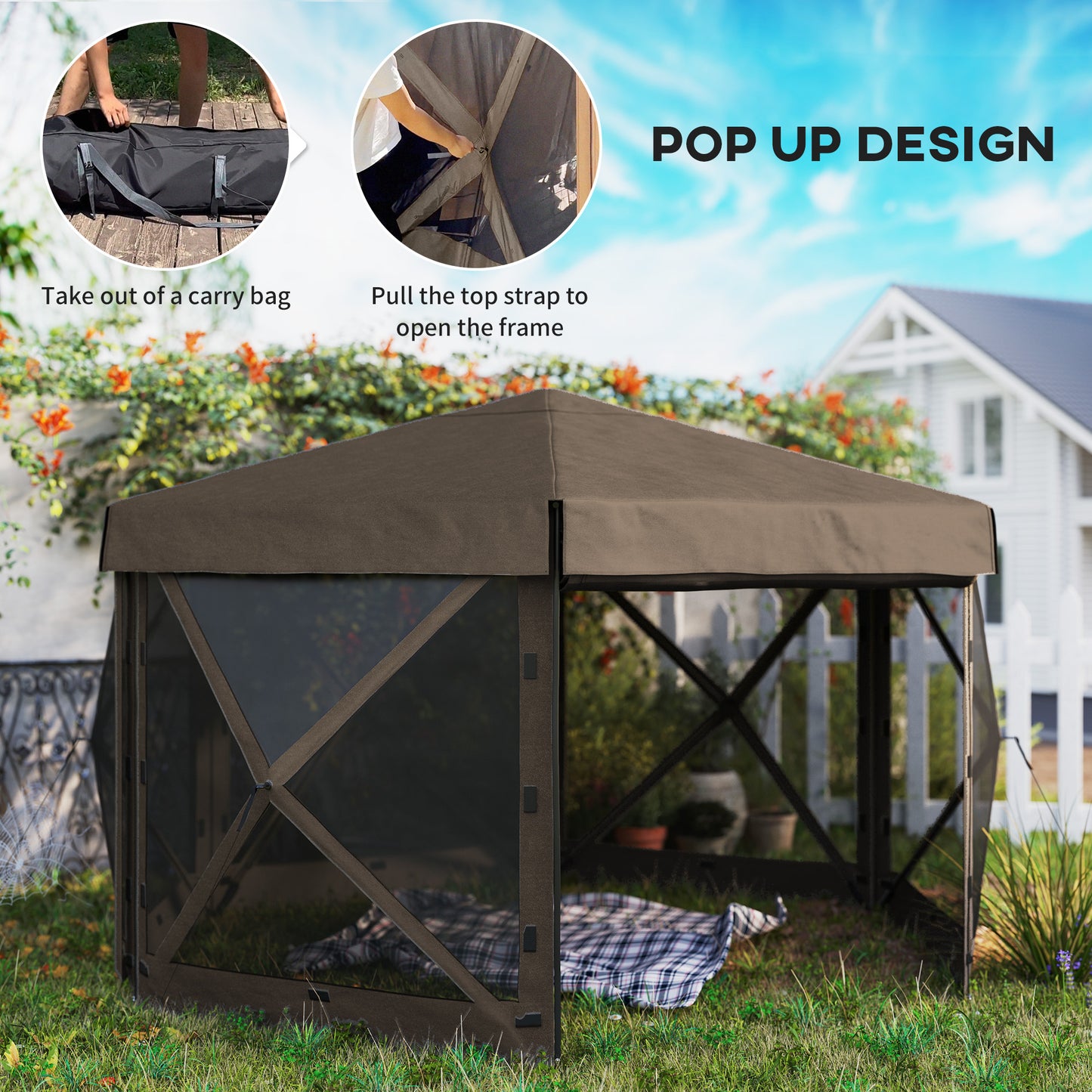 12x12 Hexagonal Pop-Up Canopy Tent with 5 Sidewalls - Brown