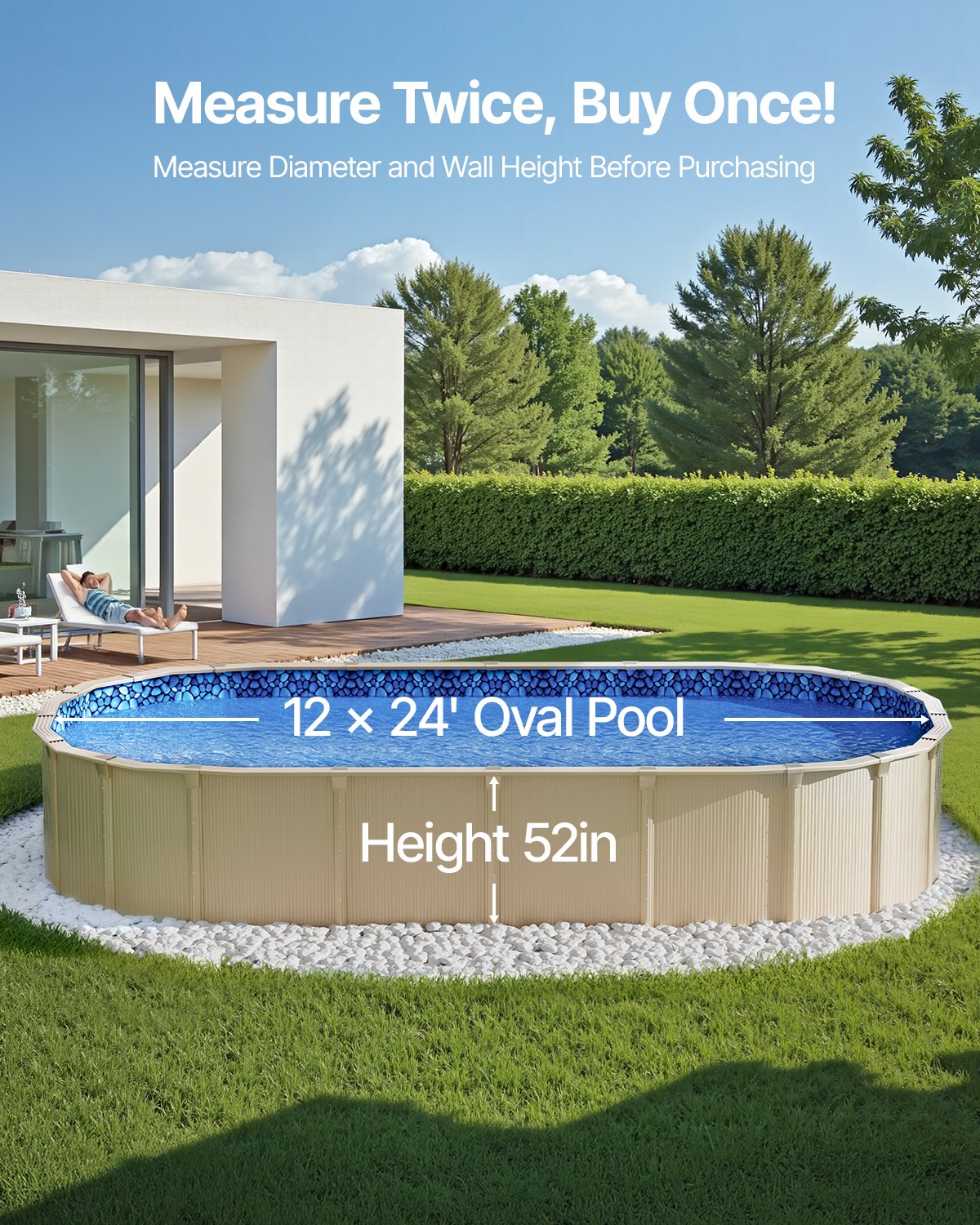 Oval Pool Liner 12x24ft Unibead Style - Durable Vinyl, Blue, 52in Wall