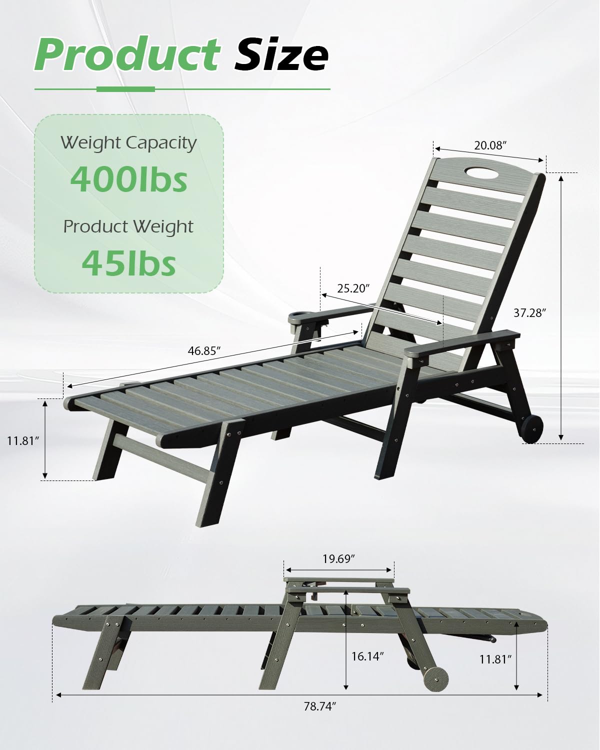 HDPE Outdoor Lounge Chairs Set of 2 for Poolside - Grey