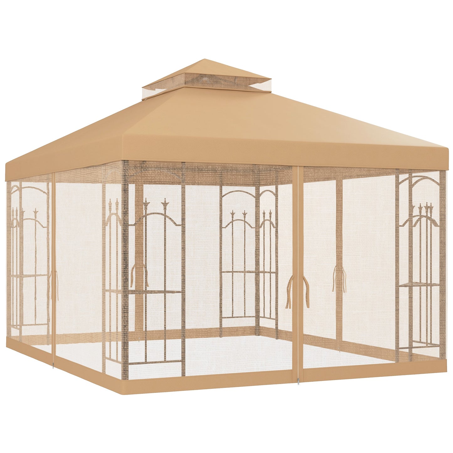 10x12 Outdoor Gazebo with Double Roof & Corner Shelves - Brown