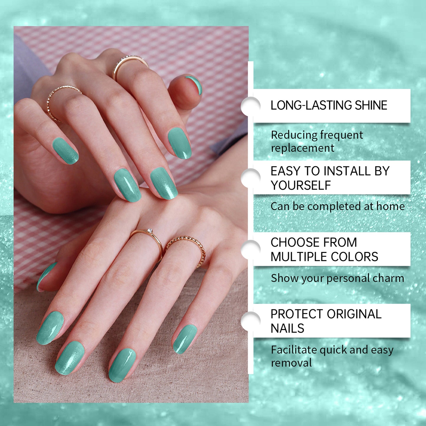 Semi-Cured Gel Nail Sticker Set - Shiny Blue-Green Minimalist Style