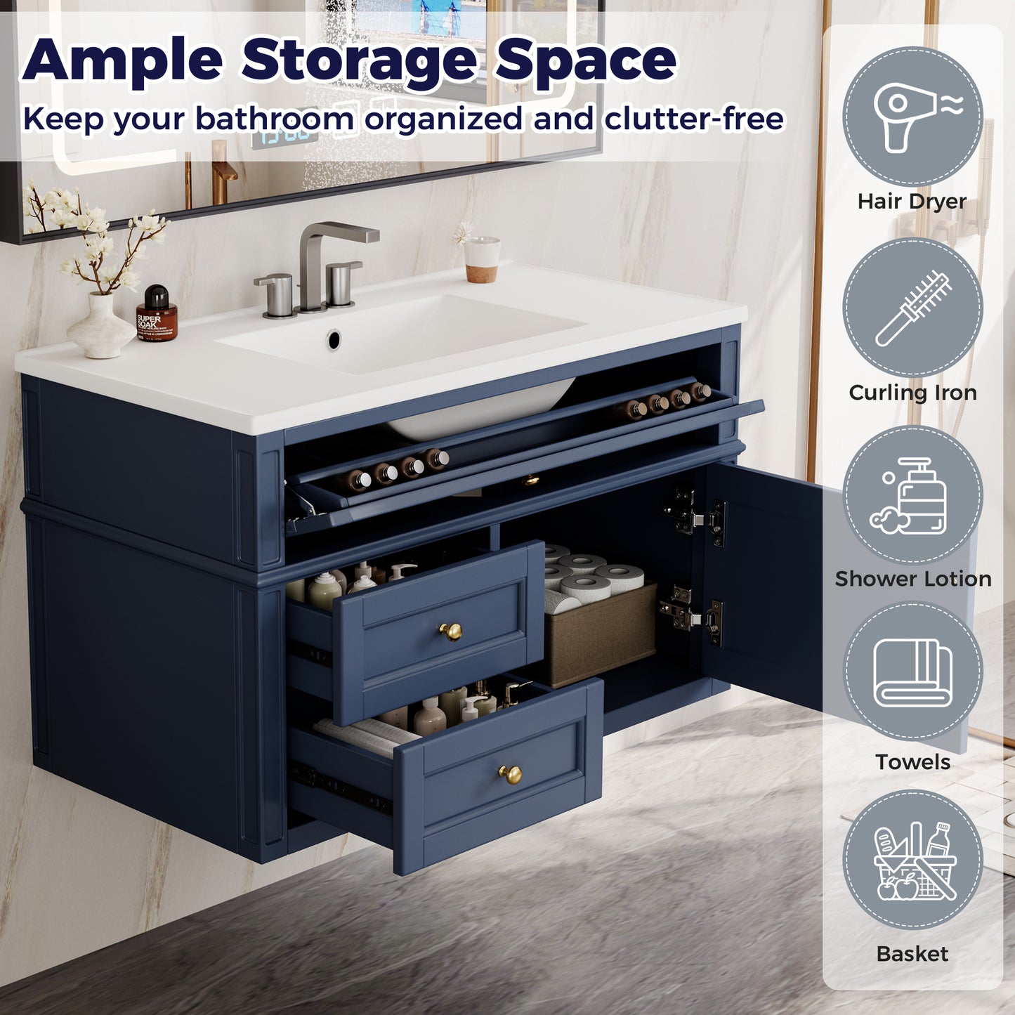 36-Inch Wall Mounted Bathroom Vanity with Ceramic Sink - Blue
