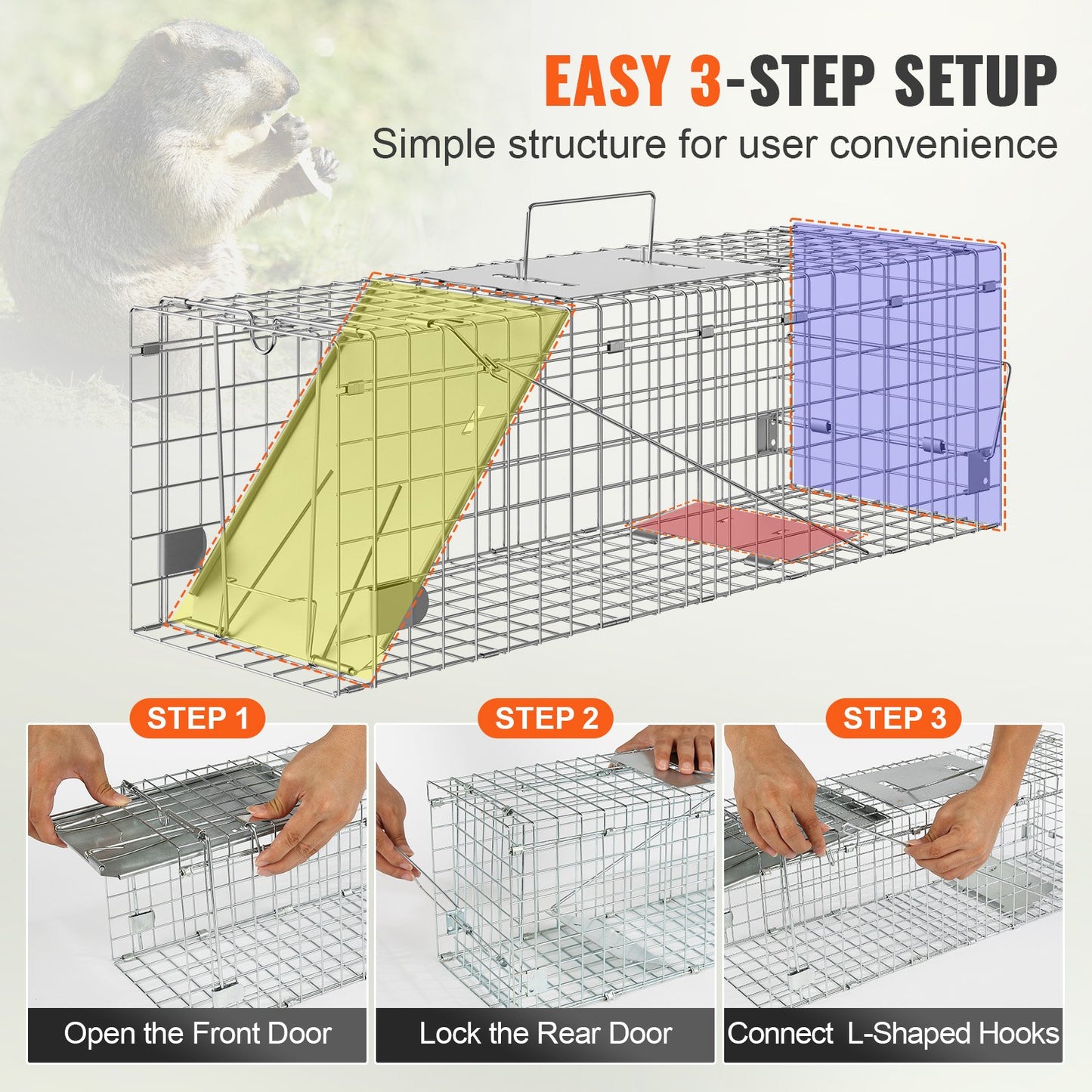 24-Inch Humane Animal Cage Trap for Raccoons, Cats, Rabbits, Squirrels