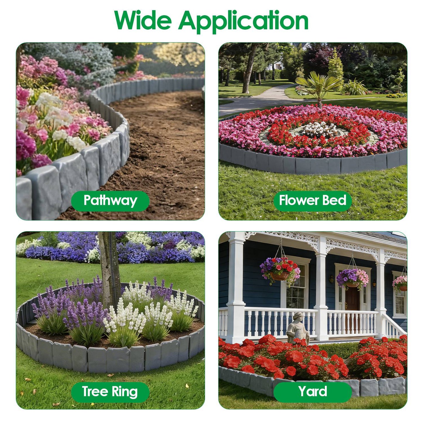 16ft Plastic Garden Edging Kit with 20 Interlocking Borders and Spikes - Flexible Lawn & Flower Bed Border