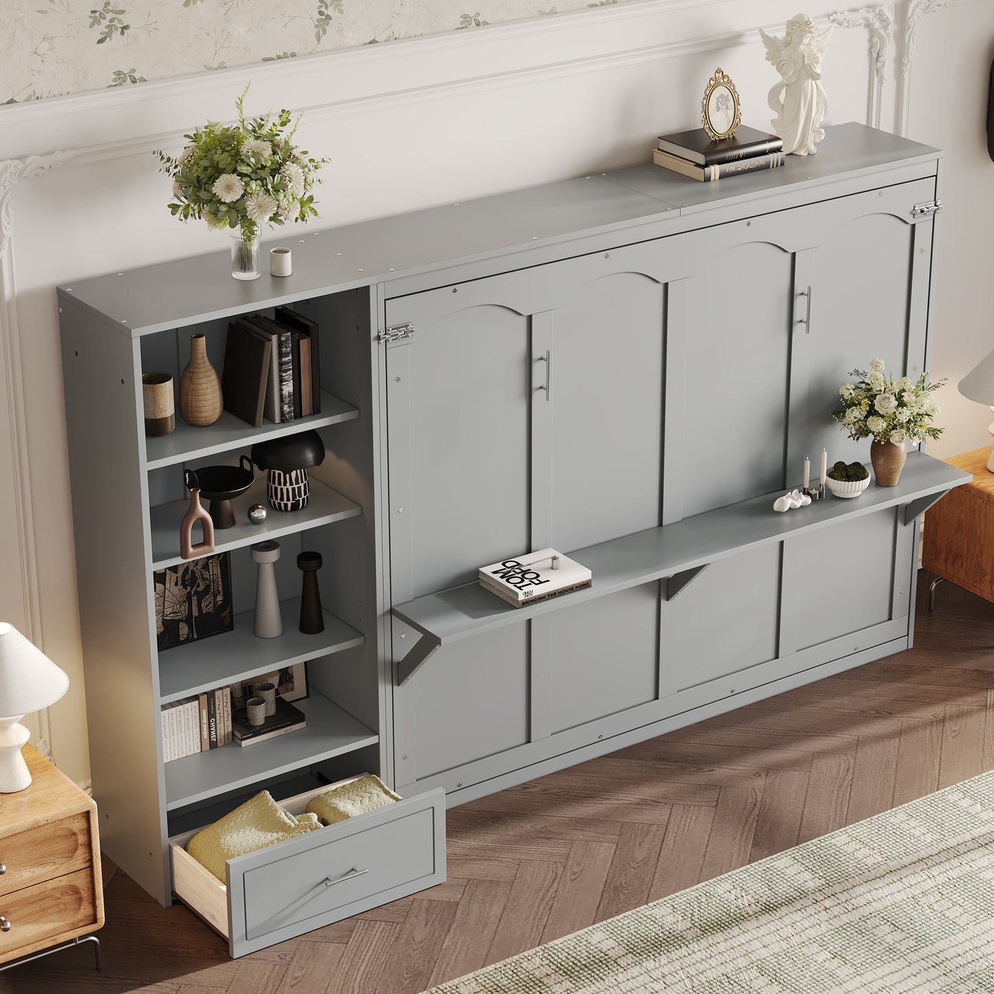 Queen Size Murphy Bed With Height Adjustable Storage Compartments And