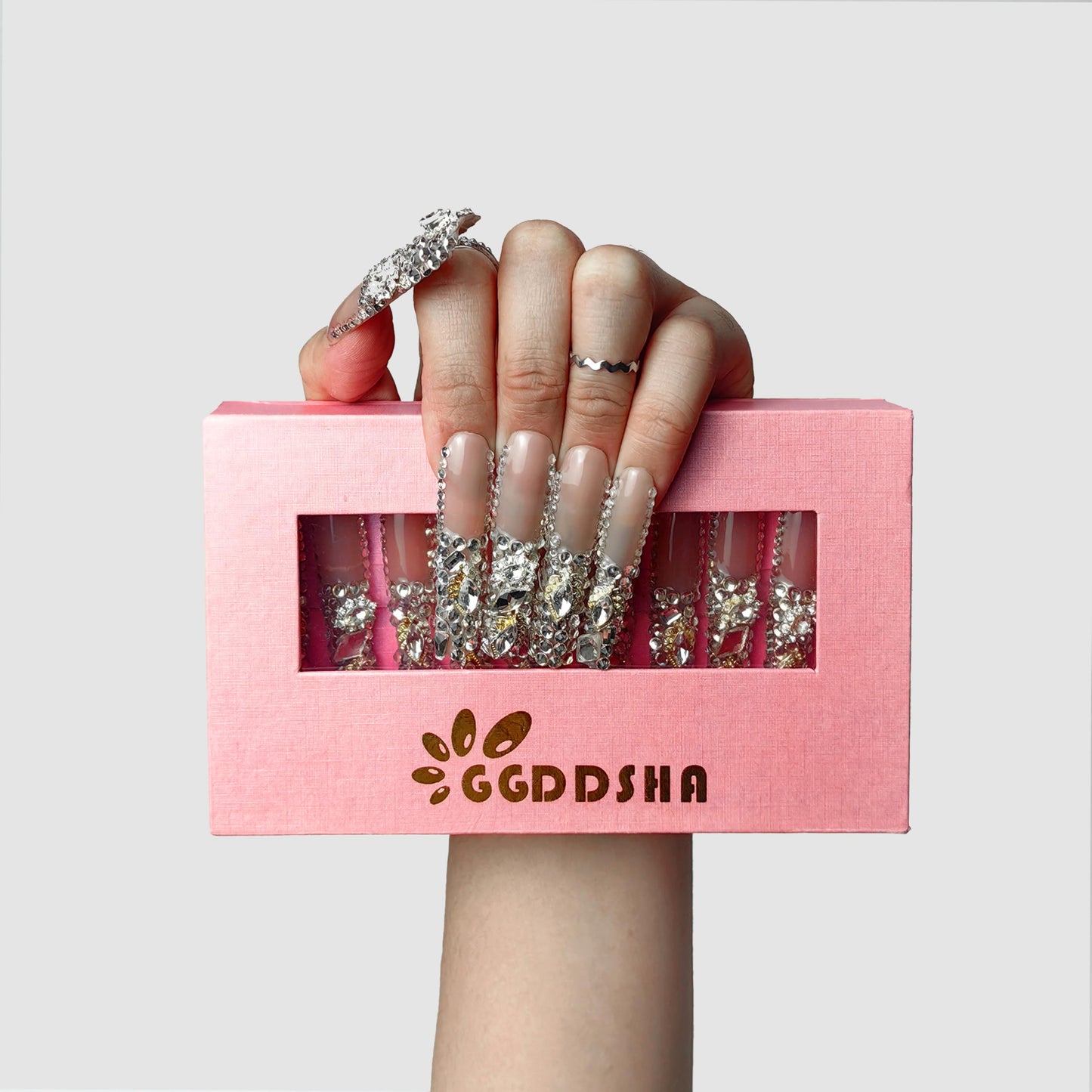 Gradient Rhinestone Press-On Nails - Acrylic Glitter Fake Nails (Size L)