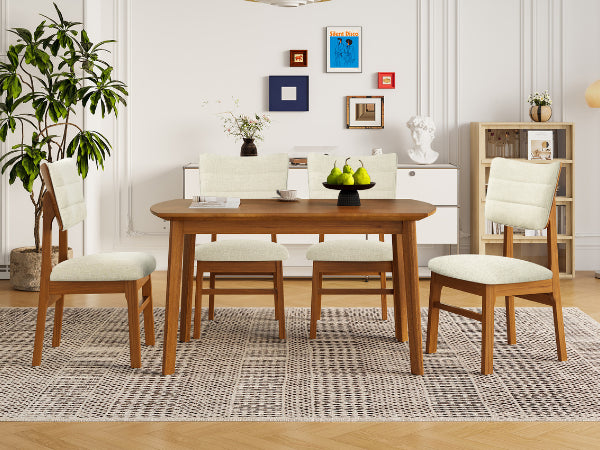Farmhouse Dining Table Set for 4 with Upholstered Chairs - Brown & Beige