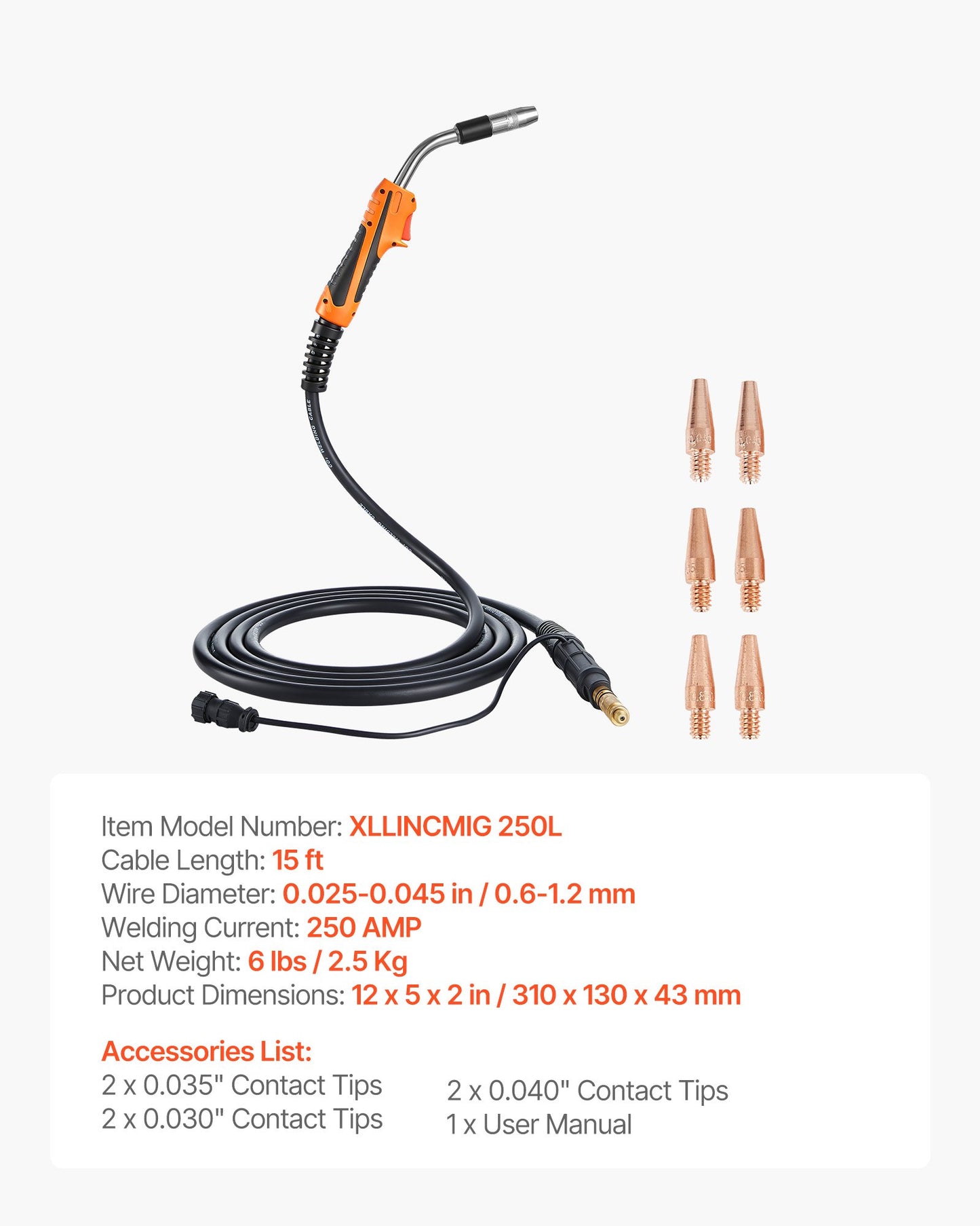 250A MIG Welding Gun with 15FT Cable Replacement for Lincoln Magnum Pro 250L